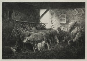Lammasaitauksen sisätilat. tekijältä Charles Emile Jacque