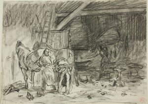 Sepänverstaan sisätilat (etusivu); mies kumartuneena, lukupuolelta katsottuna (kääntöpuoli). tekijältä Charles Emile Jacque