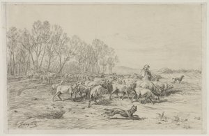 Maisema lammaslauman kanssa, 1800-luku. tekijältä Charles Emile Jacque