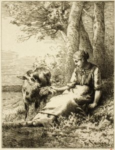 Paimen lammaslauman kanssa Woodin reunalla tekijältä Charles Emile Jacque