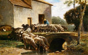 The Flock Leaving (öljy paneelissa) tekijältä Charles Emile Jacque