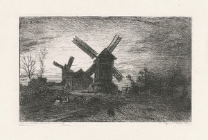 Kaksi tuulimyllyä Montmartrella tekijältä Charles Emile Jacque