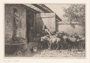 Nainen johdattaa lampaita talliin Bergerie tekijältä Charles Emile Jacque