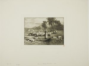 Nainen vahtimassa sikalaumaa tekijältä Charles Emile Jacque