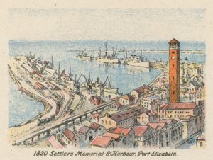 Etelä-Afrikka: 1820 Uudisasukkaiden muistomerkki ja satama, Port Elizabeth (värilitografia). tekijältä Charles Ernest Peers