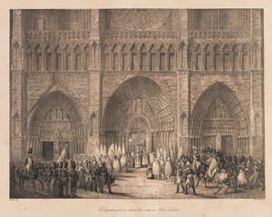 Austerlitzissä otetut liput vastaanotettu Notressa Dame, 1800-luvun alku (litho) tekijältä Charles Etienne Pierre Motte