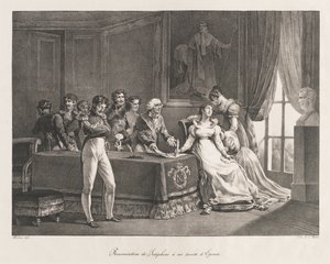 Josephine luopumassa oikeuksistaan, aikaisin 1800-luku (litho) tekijältä Charles Etienne Pierre Motte