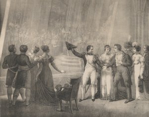 Napoleon ja Josephine vierailevat Davidin studiossa, 4. tammikuuta 1808, n. 1820-30. tekijältä Charles Etienne Pierre Motte