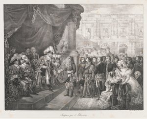 Vastaanotto Directoriressa, alkupuolella 19 vuosisadan (litho) tekijältä Charles Etienne Pierre Motte