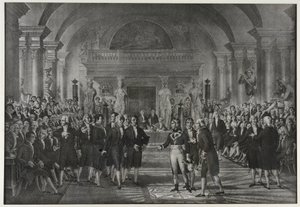 Napoleon Bonaparten vastaanotto instituutissa, fysiikan ja matematiikan luokka, mekaanisen taiteen osasto 25. joulukuuta tekijältä Charles Etienne Pierre Motte