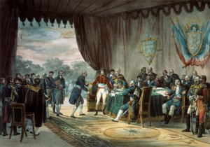 Mortefontinen sopimus allekirjoitettiin 30.9.1800, jonka aikana Ranska (edustajana Napoleon Bonaparte (1769-1821)) myy Louisianan Yhdysvalloille. C. Motten litografia (1800-luku) Paris, B.N. tekijältä Charles Etienne Pierre Motte