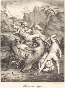 Tiikerin metsästys tekijältä Charles Etienne Pierre Motte after Auguste Jacques Regnier