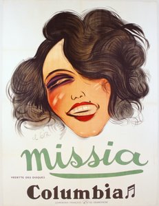 Columbia Recordsin juliste, joka mainostaa ranskalaista chanteusea, Missia, n. 1935