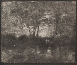 Lehmät juomapaikalla, alkuperäinen jäljennös 1862, painettu 1921. tekijältä Charles Francois Daubigny