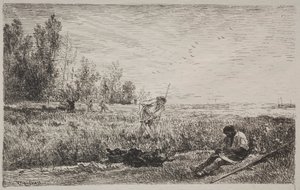 Heinänteko, alkuperäinen jäljennös 1862, painettu 1921. tekijältä Charles Francois Daubigny