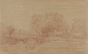 Maisema laiduntavien ja juovien lehmien ja katselevan härän kanssa tekijältä Charles Francois Daubigny