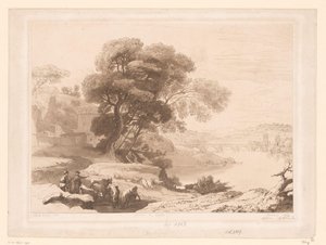 Maisema paimenten ja karjan kanssa joen reunalla tekijältä Charles Francois Daubigny