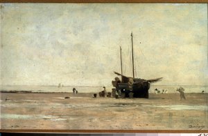 ""Seascape"" Purjevene hiekalla laskuveden aikaan. Charles Francois Daubignyn (1817-1878) maalaus 1868-1872 Pushkin-museo, Moskova tekijältä Charles Francois Daubigny