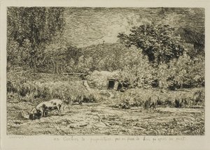 Possu hedelmätarhassa tekijältä Charles Francois Daubigny