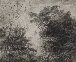 Hirvet, alkuperäinen jäljennös 1862, painettu 1921. tekijältä Charles Francois Daubigny