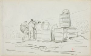 Tutkimus ihmisryhmästä tynnyreiden kanssa (etusivu); kaksi tutkimusta naisen keräilystä (kääntöpuoli). tekijältä Charles Francois Daubigny