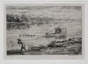 Venematka: Hyttipoika vetää hinausköyttä tai vetää köydellä tekijältä Charles Francois Daubigny