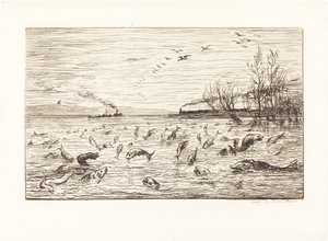 Kalat iloitsevat, kun mökkipoika lähtee (Rejouissances de poissons du depart du mo tekijältä Charles Francois Daubigny