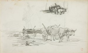 Kaksi luonnosta härkien vetämisestä tukin kanssa tekijältä Charles Francois Daubigny