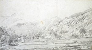 Näkymä rakennuksista aidatussa kotelossa vuorten taustalla, 1800-luvun puoliväli tekijältä Charles Francois Daubigny
