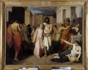 Oidipus ja Antigone sanovat myös "Theban rutto". Oidipus pakenee asukkaiden kirousta