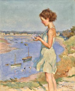 Nuori tyttö sinisen hortensian kanssa, Saint-Gilles-Croix-de-Vie tekijältä Charles Garabed Atamian