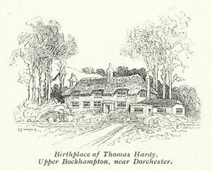 Thomas Hardyn syntymäkoti, Upper Bockhampton, lähellä Dorchesteria (litografia). tekijältä Charles George Harper