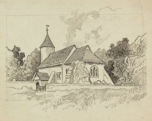 Vista exterior de uma igreja não identificada (caneta e tinta no papel) finlandesa tekijältä Charles George Harper