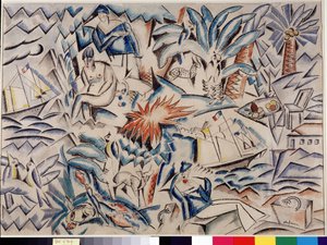 Välimerellinen maisema Maisema, jossa on veneitä, eläimiä, kasvillisuutta (palmu) ja hahmoja. Charles Georges Dufresnen (1876-1938) maalaus Dim. 45x62 cm. Pakollinen maininta: Collection fondation regards de Provence, Marseille