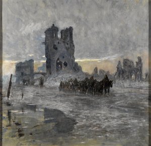 Hevosvetoiset kuljetukset, mahdollisesti tykistön juna, ohittamassa raunioitunutta kangashallia, Ypres tekijältä Charles Gilbert Holiday