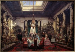 Aamiainen prinsessa Mathilde Letizia Bonapartessa (1820-1904), rue de Courcelles Pariisissa Sebastien Charles Giraudin (1819-1892) maalaus 1854 su. 0,56x61 m. Compiegne, linnamuseo