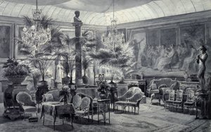 Prinsessa Mathilden talvipuutarha, Charles Giraudin (1819-1892) harmaalla musteella ja guassilla piirretty tekijältä Charles Giraud