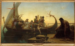 Kadonneet illuusiot tai ilta Allegorinen kohtaus, joka kuvaa hahmoja lähtevällä drakkarilla, mies jää telakkaan lyyran kanssa. Charles Gleyren (1806-1874) maalaus 1800-luvun aurinko. 1,56x2,38 m