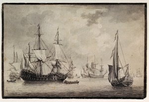 Hollantilainen sotalaiva, valtiojahti ja kaukaista laivaliikennettä satamassa, 1700-luvun loppupuoli (kynä, tussi) tekijältä Charles Gore