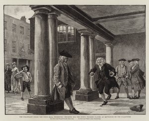 Pylväikkö kaupungintalon alla, Rochester, Hogarth ja muut pyhiinvaeltajat, jotka leikkivät Hopscotchissa lippukivillä