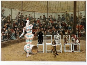 Oppitut koirat: sirkuskohtaus klovnin ja koirien kanssa - Charles Greenin mukaan, Englanti kromo 1885. ¿Oppineet koirat: sirkuskohtaus klovnin ja koirien kanssa - Charles Greenin mukaan, englantilainen kromo 1885. ¿