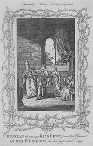 Dunstan raahasi kuningas Edwyn puolisostaan kuningatar Ethelgivasta hänen kruunauspäivänä vuonna 1773. tekijältä Charles Grignion