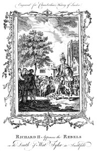 Kuningas Richard II rauhoittaa kapinallisia Wat Tylerin kuolemalla Smithfieldissä 1800-luvulla. tekijältä Charles Grignion