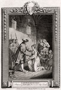 Lady Elizabeth Grey anoo Edward IV:ltä maansa ennallistamista, 1400-luku, 1777