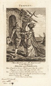 Miss Ann Brown ja herra George Mattocks Mirandan ja Ferdinandin hahmoissa William Shakespearen The Myrskyn oopperaversiossa, Covent Garden Theater tekijältä Charles Grignion