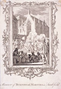Kohtaus protestanttien polttamisesta Smithfieldissä, 1500-luku, n. 1760. tekijältä Charles Grignion
