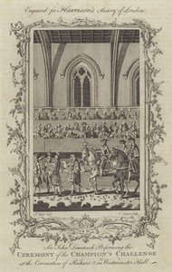 Sir John Dimmock esiintymässä Champions Challengen seremoniassa Richard II:n kruunajaisissa Westminster Hallissa, 1377 tekijältä Charles Grignion