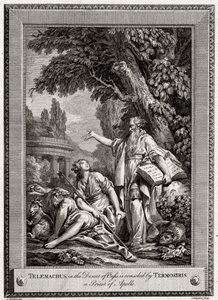 Keidaan autiomaassa sijaitsevaa Telemachusta lohduttaa Termosiris, Apollon pappi, 1774.