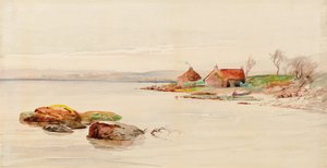 Rannikkokohtaus mökeillä (akvarelli)