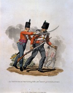 Upseeri ja sotamies 53. kevytjalkaväkirykmentistä, teoksesta "British Imperiumin armeijan puvut, viimeisten määräysten mukaan 1812", kaiverrettu J. C. Stadler, julkaisija Colnagh tekijältä Charles Hamilton Smith